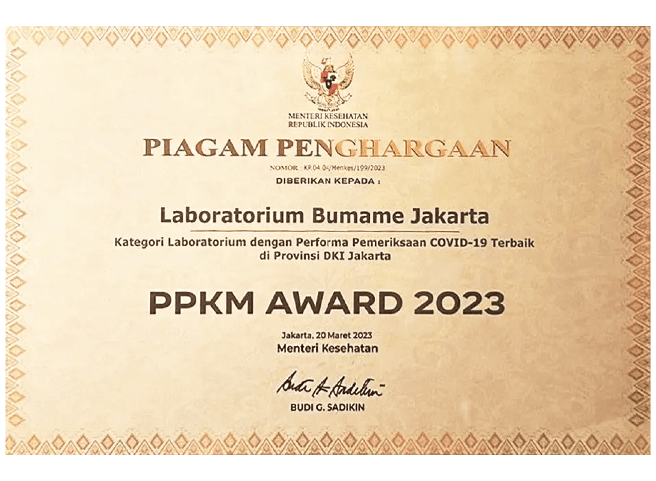 Piagam PPKM Award 2023 Laboratorium Bumame Jakarta