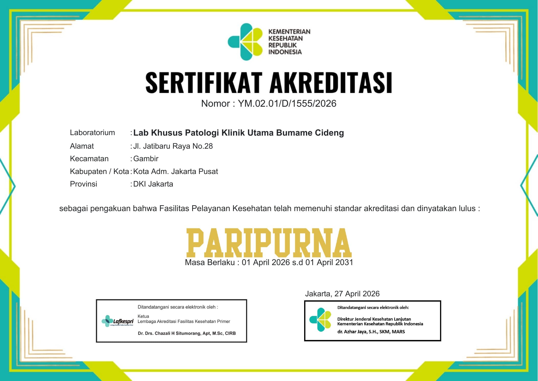 Piagam penghargaan Laboratorium Bumame