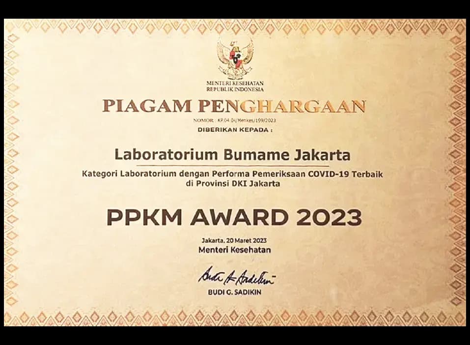 Piagam PPKM Award 2023 Laboratorium Bumame Jakarta