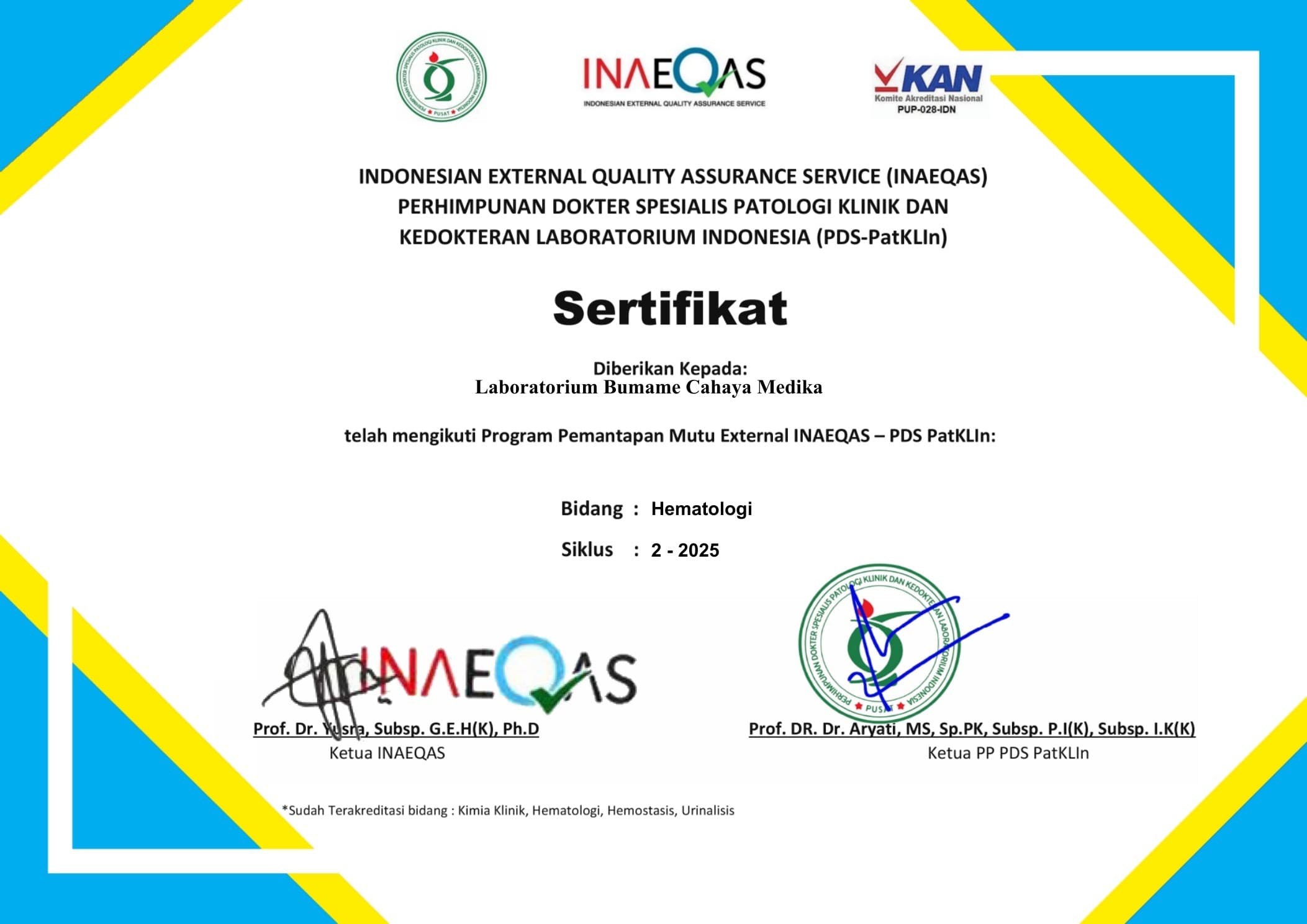 Penerbit sertifikat Laboratorium Bumame